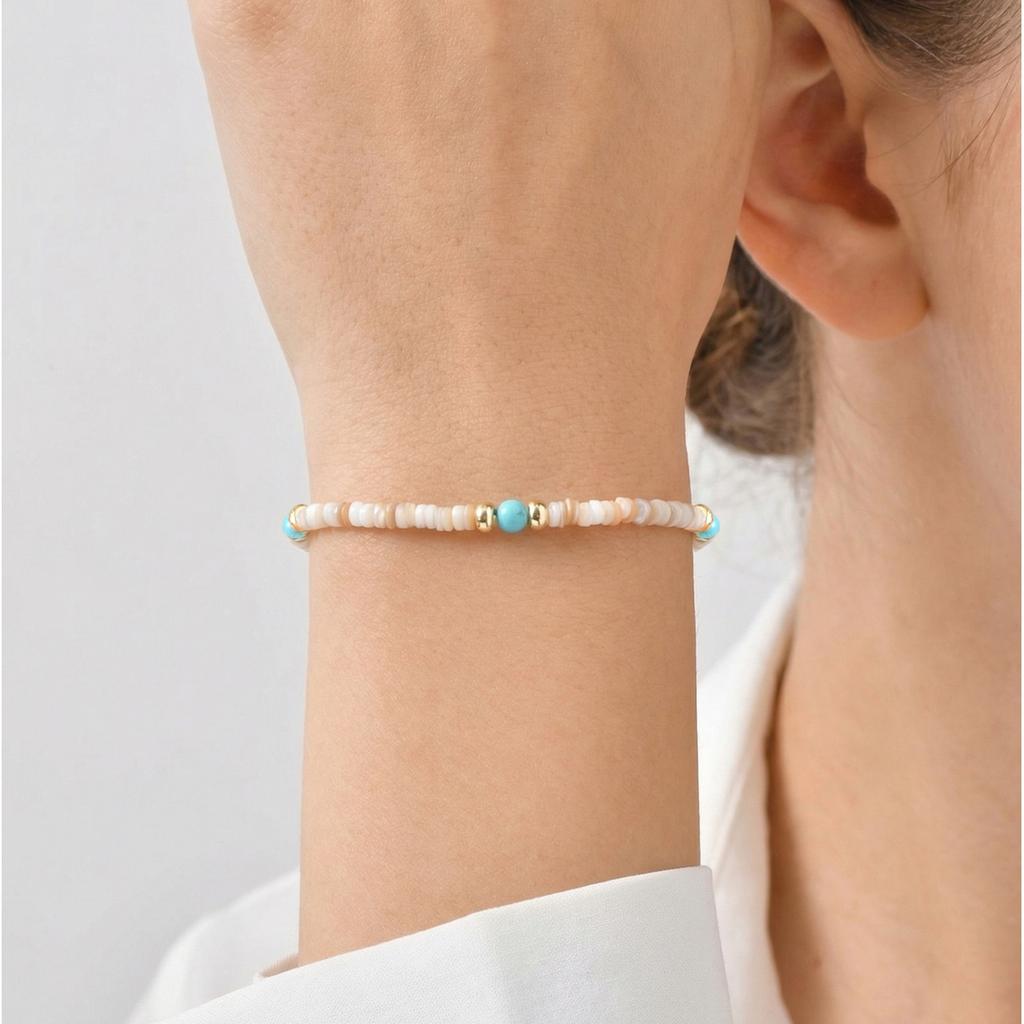 Boho Beaded Bracelet Natural Shell Turquoise Bead Chain Stackable Layering Bracelet for Women Summer Beach Jewelry