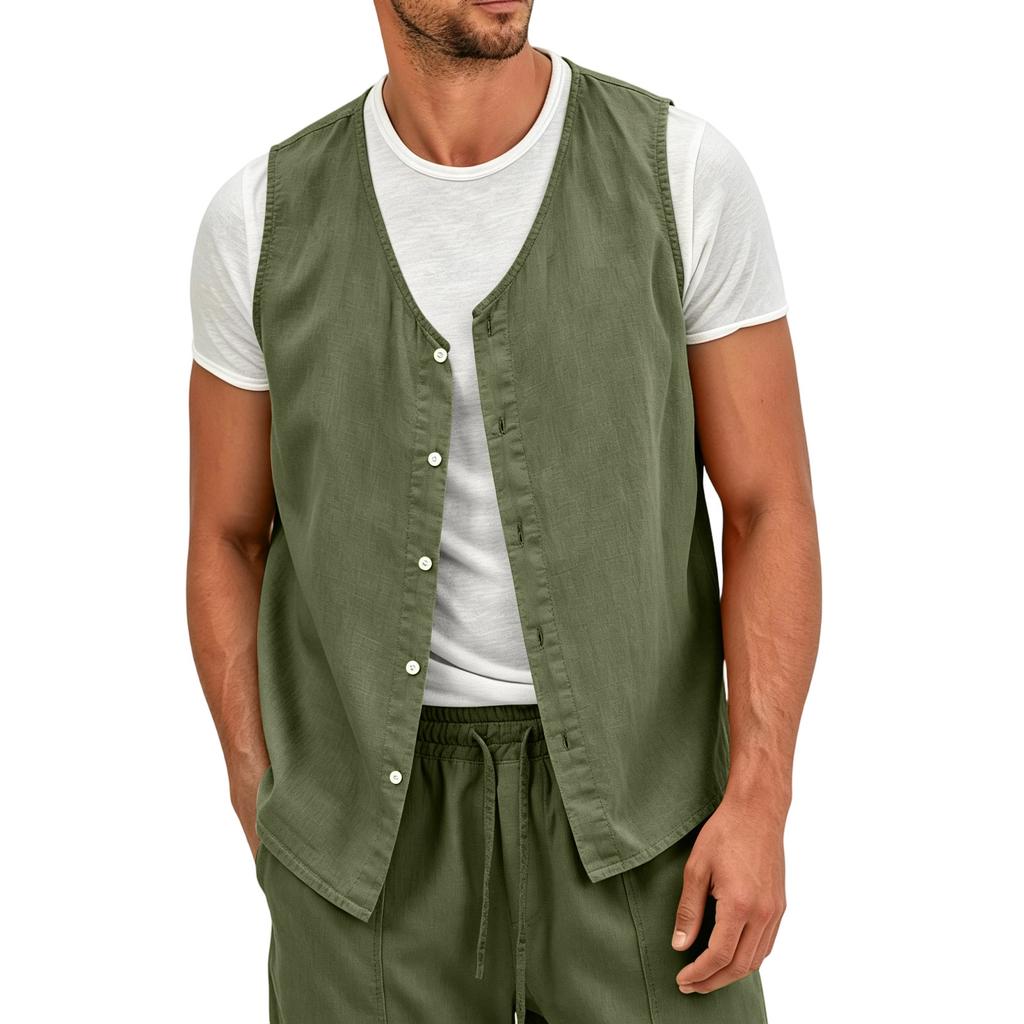 Men's Lightweight Button Front Linen Vest Sleeveless Casual Summer Shirt Non-Iron Breathable Fabric Relaxed Fit