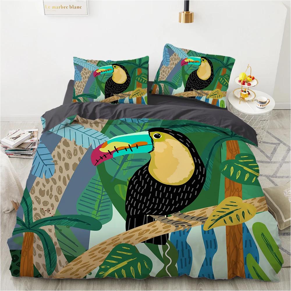 Flowers Parrot King Queen Duvet Cover Cartoon Birds Floral Bedding Set For Adults Animals Leaves 2/3Pcs Polyester Quilt Cover