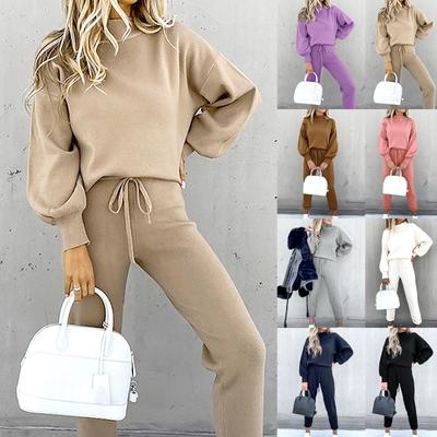 Kadın Düz Renk Moda Günlük Bağcıklı Spor Uzun kollu Pantolon Takım Elbise