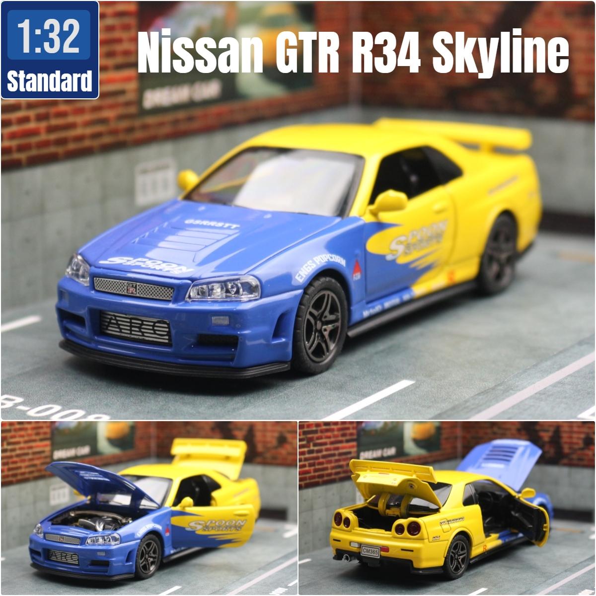 1/32 Nissan Skyline GTR R34 JDM Модель игрушечной машины Литой автомобиль Миниатюра Звук и свет Инерционный Коллекция Подарок Дети Мальчик