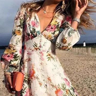 Xqwewanticeaa Women's European And American Dress Deep V Long Sleeve Printed Dress Cm