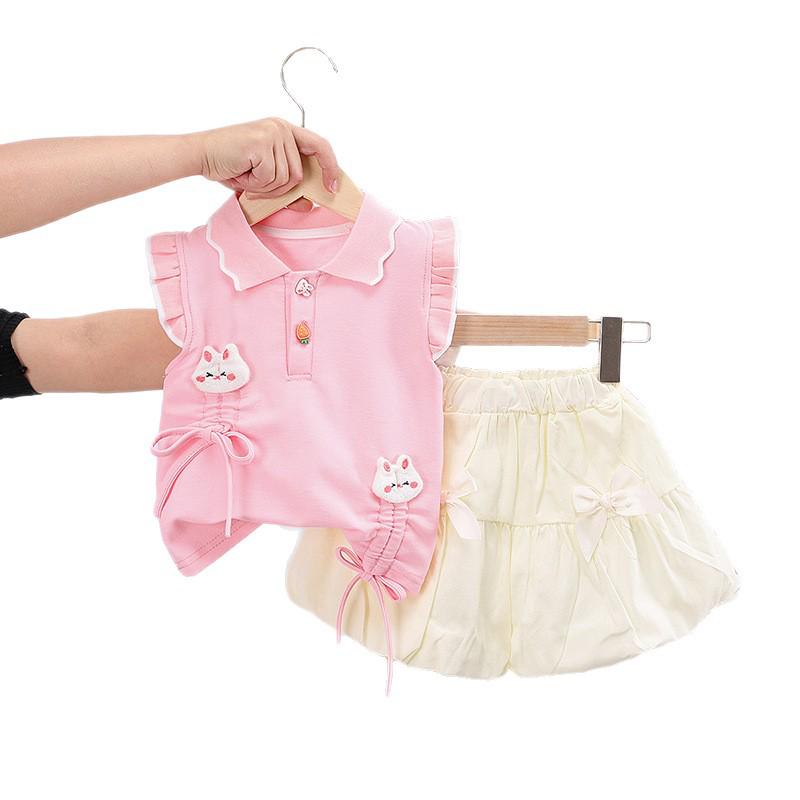 Girls' Summer Princess Kitten Two-Piece Outfit: Fashionable Short Sleeve Top & Shorts Set for Toddlers
