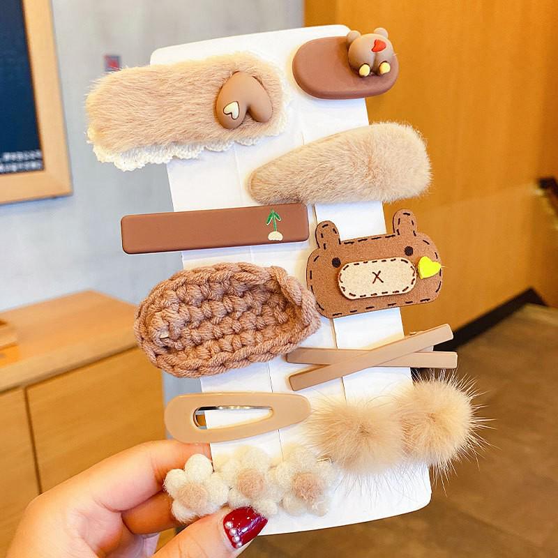Autumn & Winter Plush Bear Hair Accessories: Cute Milk Coffee Wool Flower Butterfly Hairpin for Children