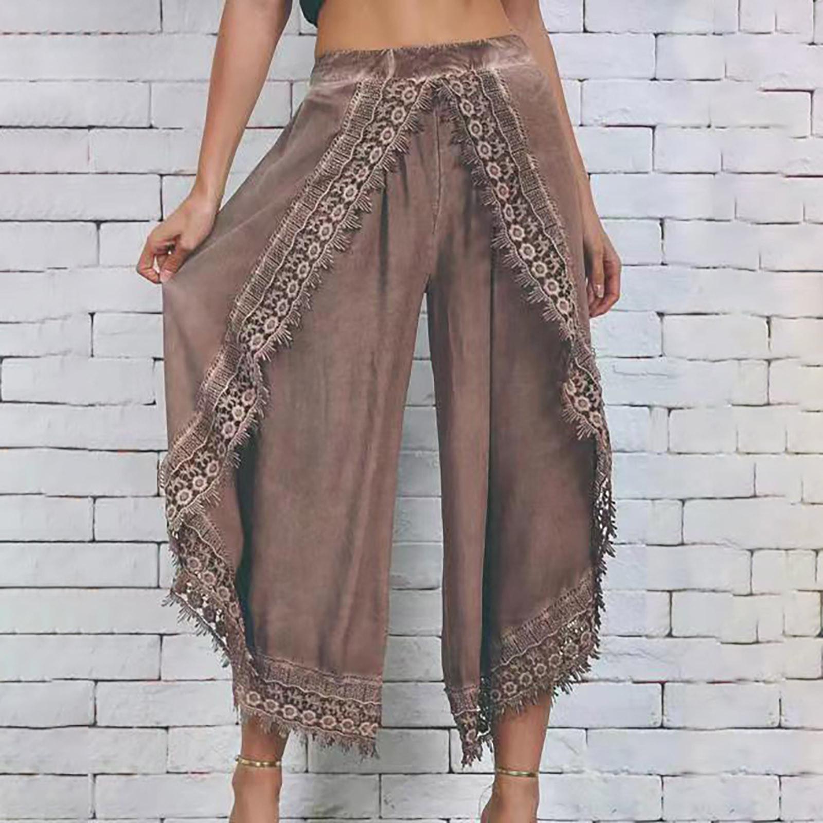 

Женские кружевные брюки с высокой талией и эластичной лентой, женские повседневные брюки Harlan с широкими штанинами M хаки