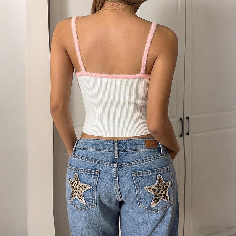 2026 Spicy Girl Sweet Style Sleeveless Bow Crop Top: Color Block Camisole with Hollow-Out Design