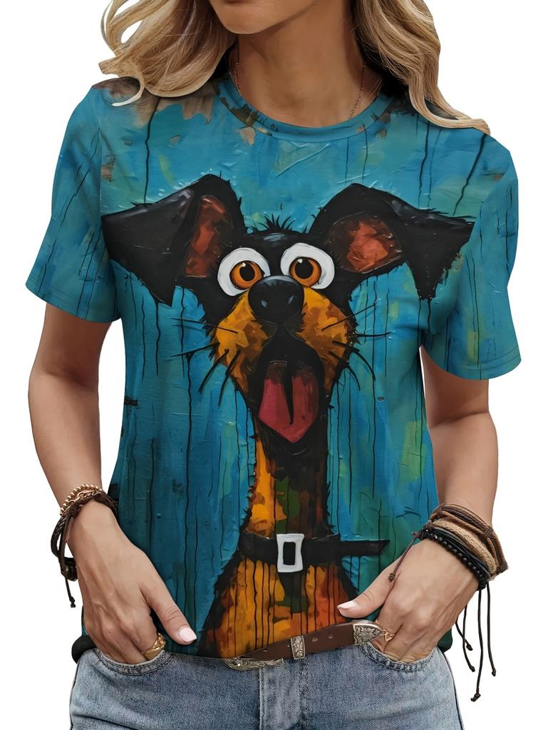New Women's Short Sleeve T-Shirt Fashion Novelty Cartoon Dog Graphic Print Daily Casual Summer Elegant Round Neck Women Clothes