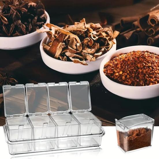 Transparent Spice Container Set with Lids And Spoon 4-in-1 Kitchen Organizer for Salt Sugar Pepper Airtight Pantry Storage Jars