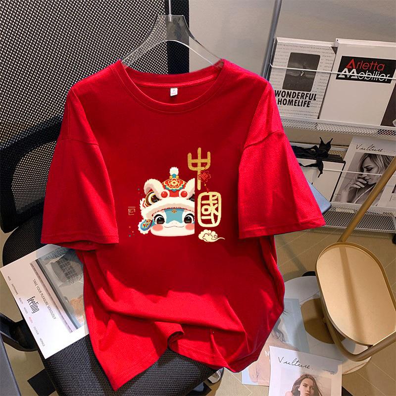 

Красная хлопковая футболка с коротким рукавом в стиле Guochao женская весна-лето повседневная одежда для жизни полные девушки свободный повседневный универсальный мужской и женский топ M