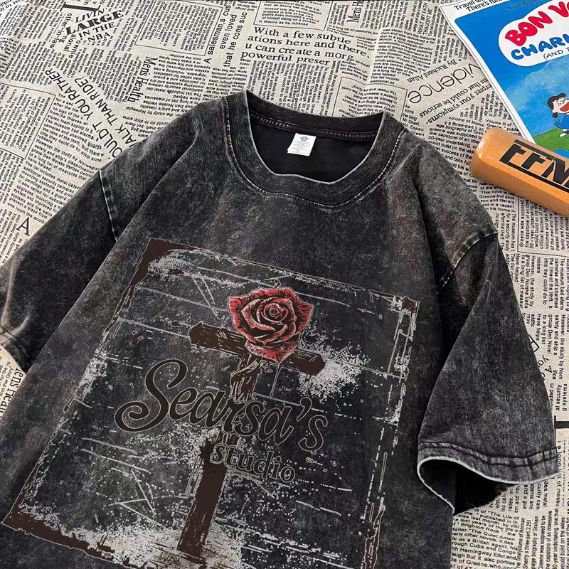 T-shirt Stampa Fiore di Giornale Retrò Grafica Carta Strappata Maglietta Oversize Camicia a Maniche Corte Fiore di Giornale Città Retrò