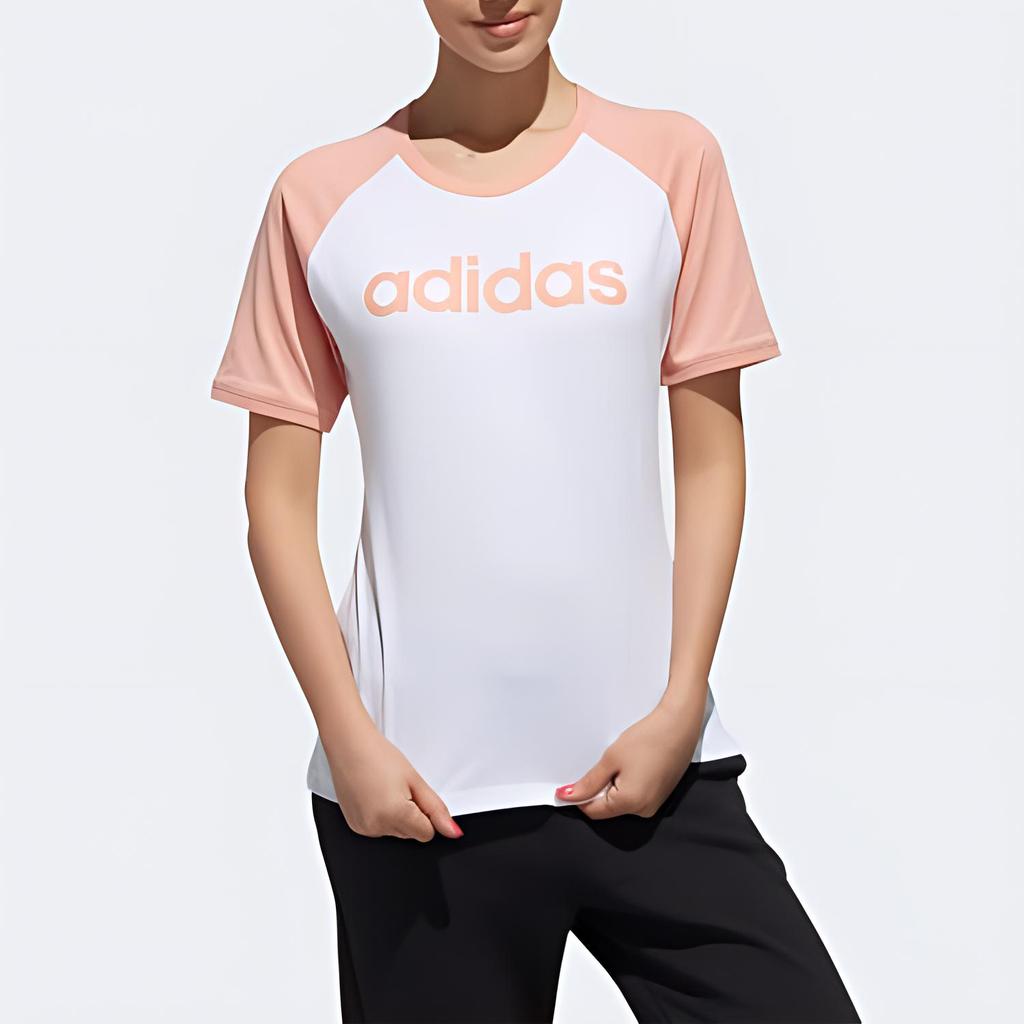 Adidas Neo Logo Print Short Sleeve T-Shirt Women Tops White Pink DW7949