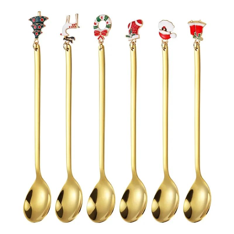 6Pcs Coffee Spoon Mixing Scoops Stirring Spoons Stainless Steel Spoon Christmas Gift Box Set Party Table Ornaments Coffee Spoon