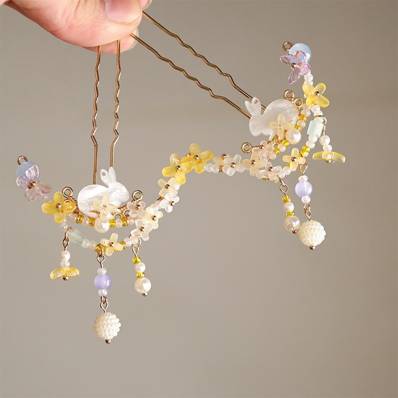 

Заколка для волос ханьфу с османтусом и кроликом: Кисточка феи середины осени Буяо для детей, аксессуар для висков в древнем стиле