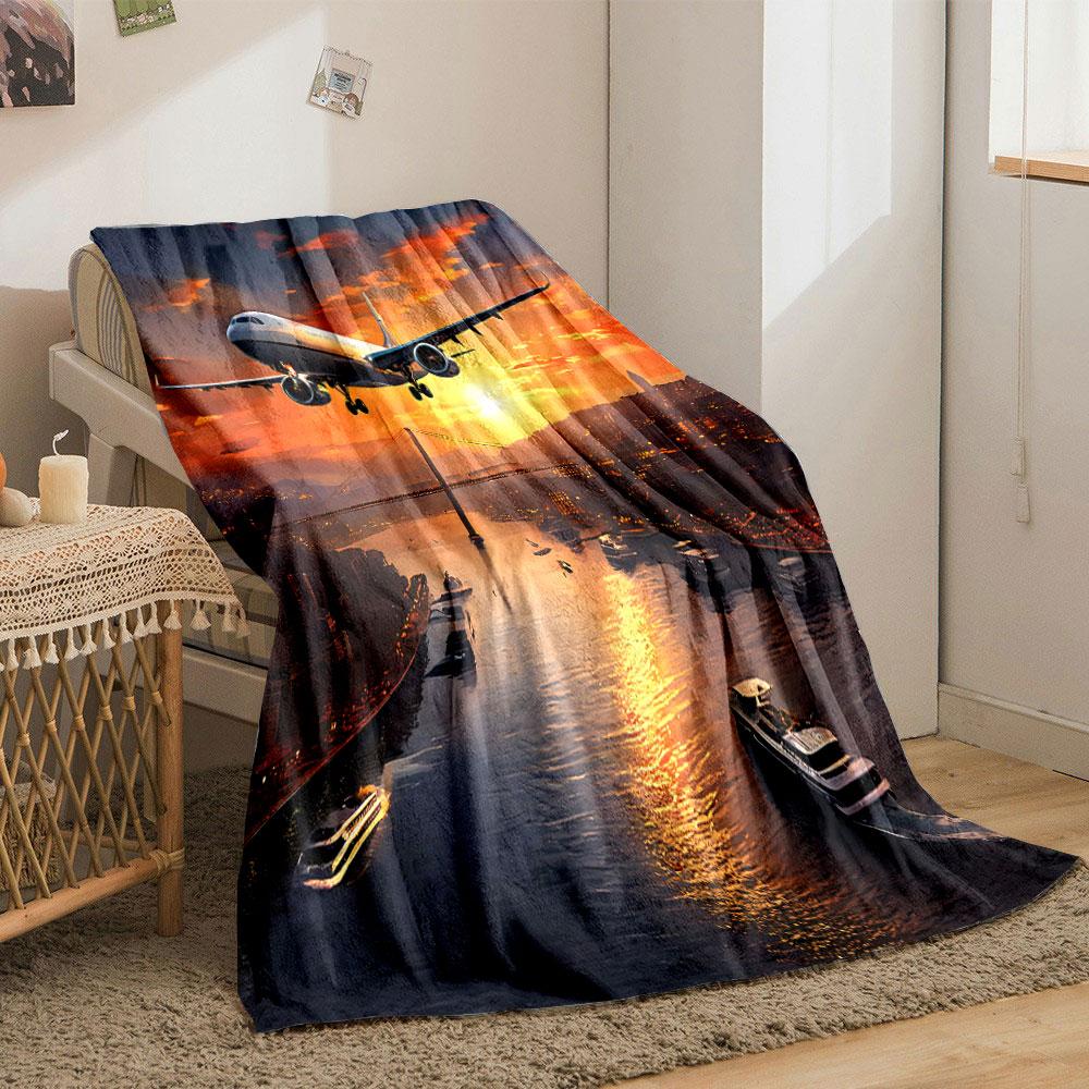 Airplane Flying Over Sunset Cityscape Print Blanket Soft and Cozy Perfect for the Living Room Bed Sofa or a Nap,gift