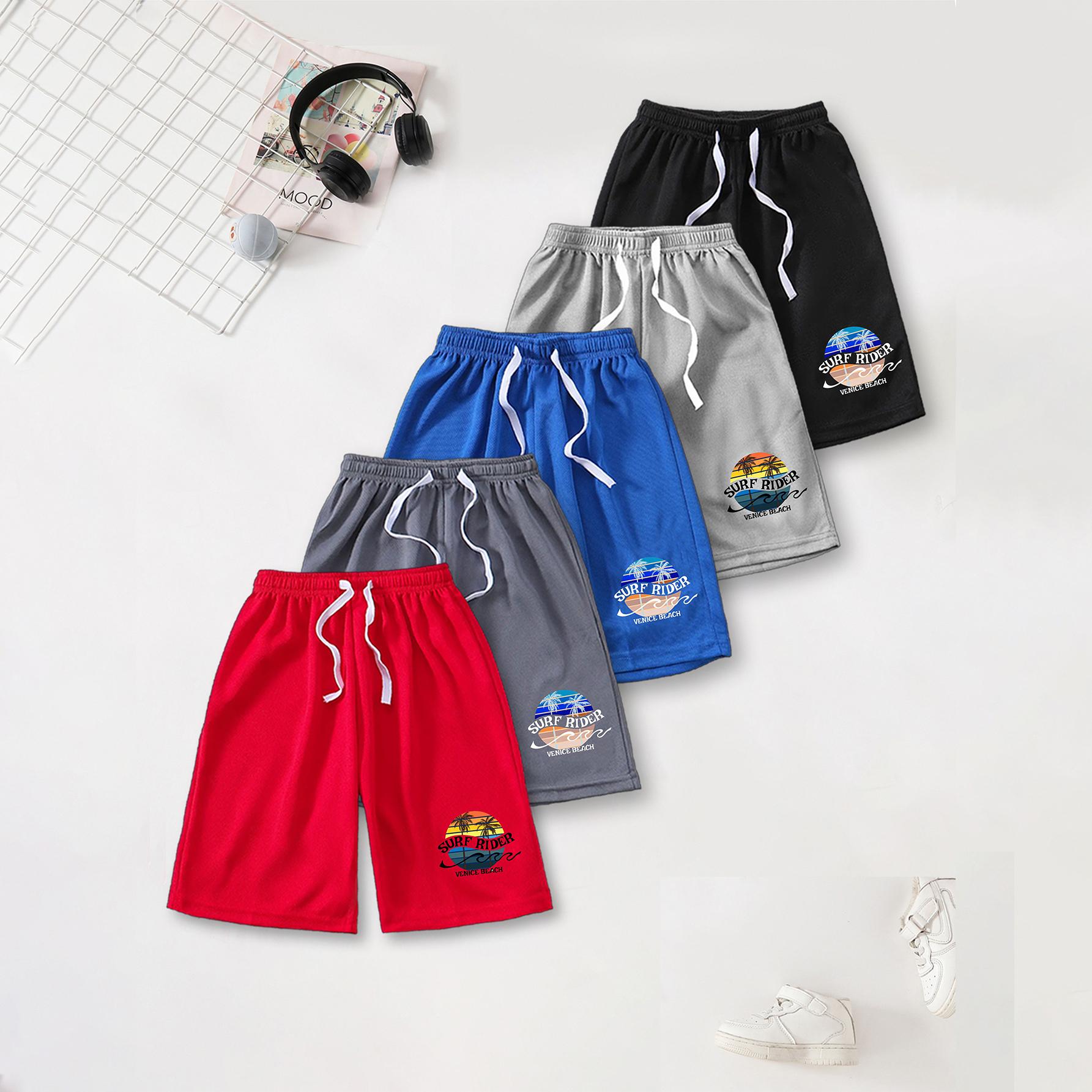 Boys Sports Shorts | Gradient Sunset Palm Tree + SURF RIDER Arch Badge Print | 5 Colors Elastic Waist 120 синий/чёрный