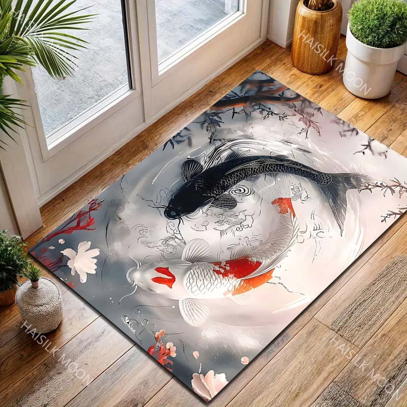Multiple sizes Black and white koi spinning Carpet for Living Room Bedroom Sofa Home Decor Rus Non-slip Floor Mat Luxury Gift