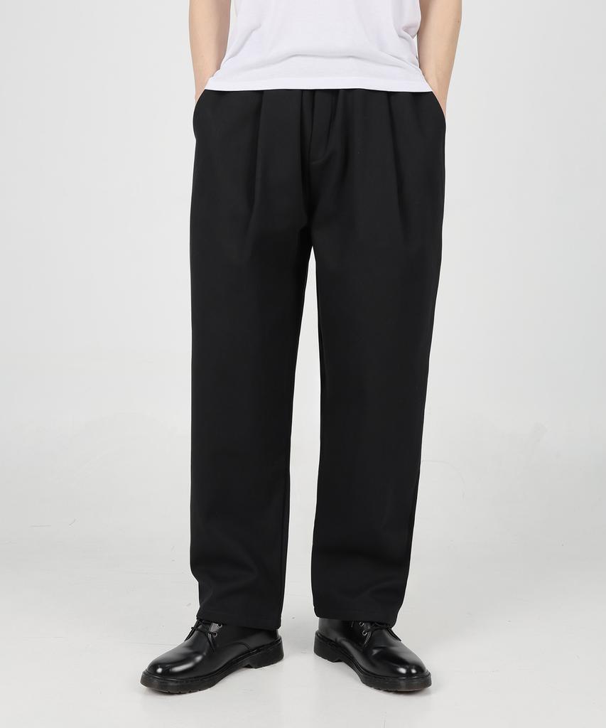Jikeulib Bonded Brushed Elastic Waist Pintuck Semi-Wide Cotton Pants [Black]