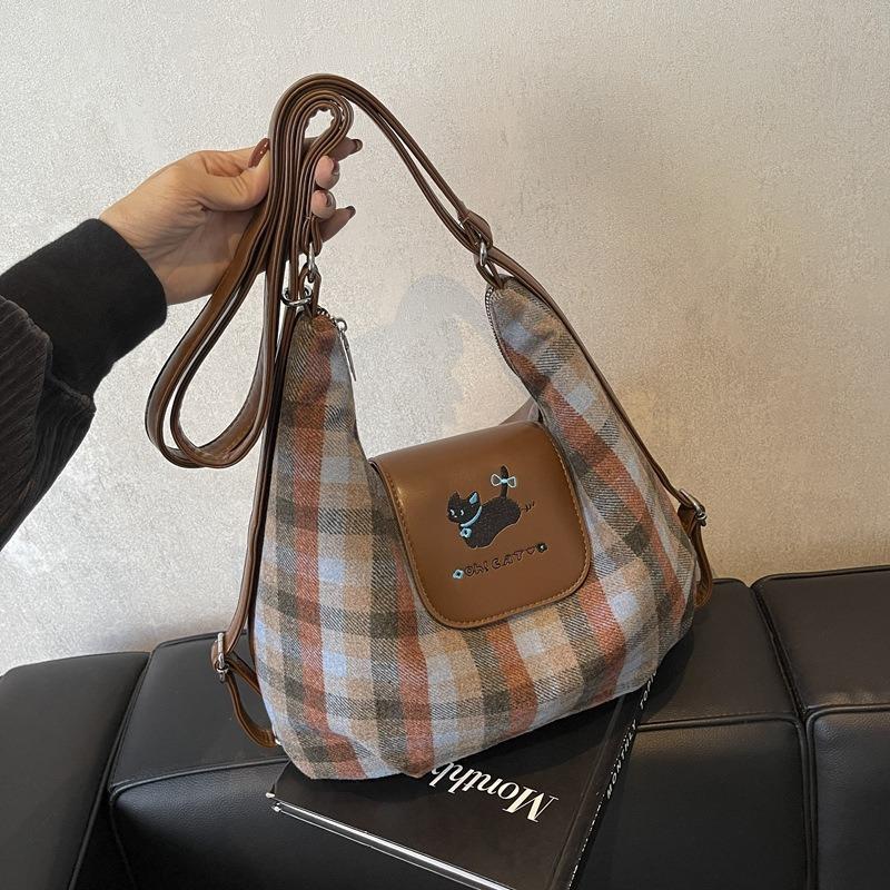 Cartoon puppy backpack bag women's new college plaid tote bag large-capacity shoulder bag
