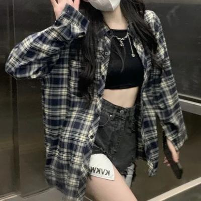 Frauen Plaid Shirt Koreanische Casual Harajuku Y2K Alle Spiel Lose Bluse Sommer Mode Heiße Süße Langarm Damen Top