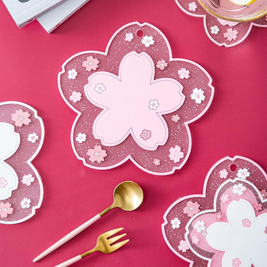 EZ APPLE Silicone Coaster, Cute Cherry Blossom Design, Stable, Quick-Drying, Non-Slip, Simple and Stylish, Pink Floral Mug Coaster for Drinks,