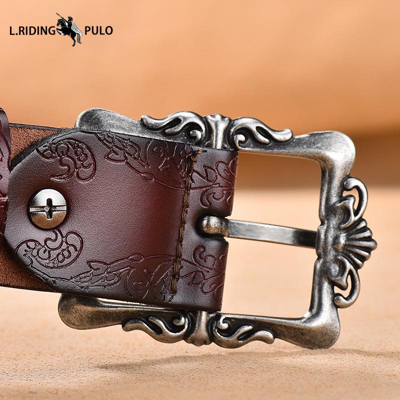 Vintage Genuine Leather Belt Ladies Pin Buckle Embossed Belt Cowhide Korean Style All-match Pants Belt