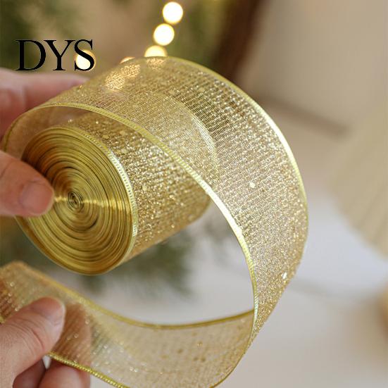 Hochwertiges Netzband für Blumengestecke 2,5" x 2,2 Yards Gold Transparent Weihnachtsbaumdekoration und Transparente Polyester-Schleifen Geschenkverpackung,