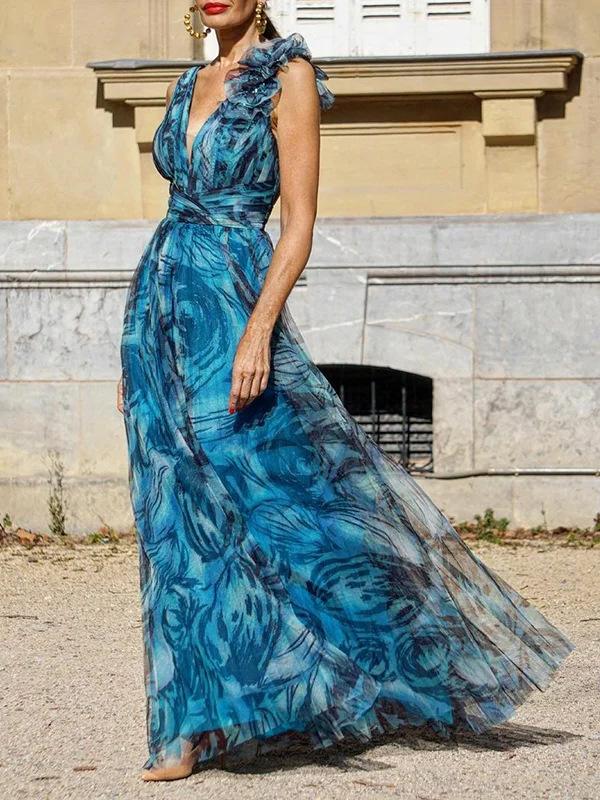 

European & American Bohemian Floral Lolita Swing Skirt Dress Large павлин голубой