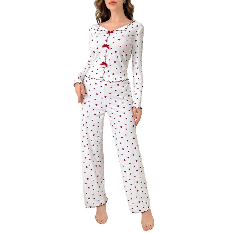 European and American Style Women's Spring and Autumn Heart Print Pajama Set Turn-Down Collar Long Sleeve Top and Long Pants 2 Piece Loungewear