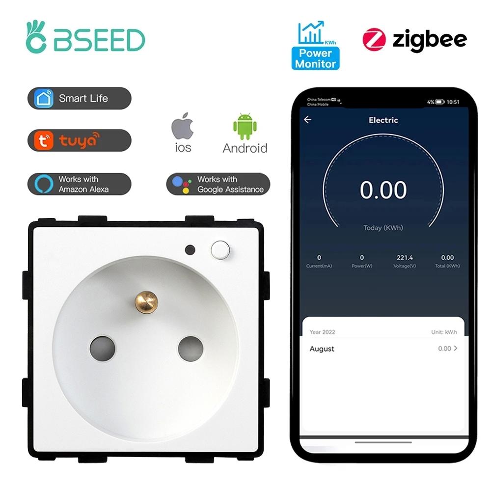 BSEED Zigbee French Socket Power Monitor Smart Plug Tuya Smart Life Alexa App Glass Frames Function Parts  Free Combination