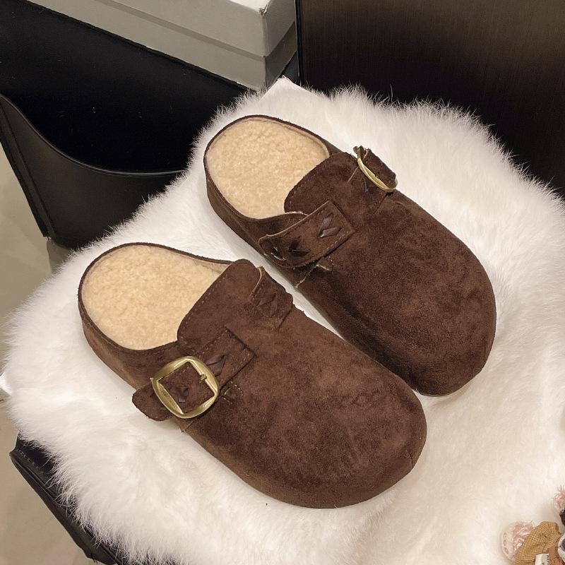 

Флисовые ретро тканые Boken полутапочки 2025 осень и зима новинка кружево толстая подошва ленивые ленивые сумка голова швабра 40 темно-коричневого