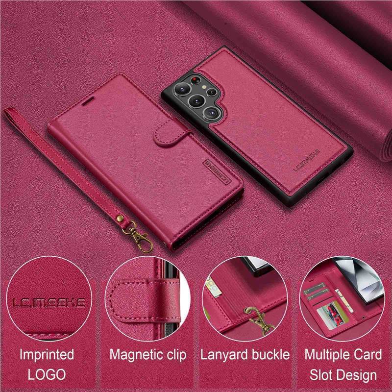2-in-1 Magnetic Detachable Case for Samsung S25 Ultra, A17 Flip Cover with Card Slot and Lanyard, Leather Case A5655