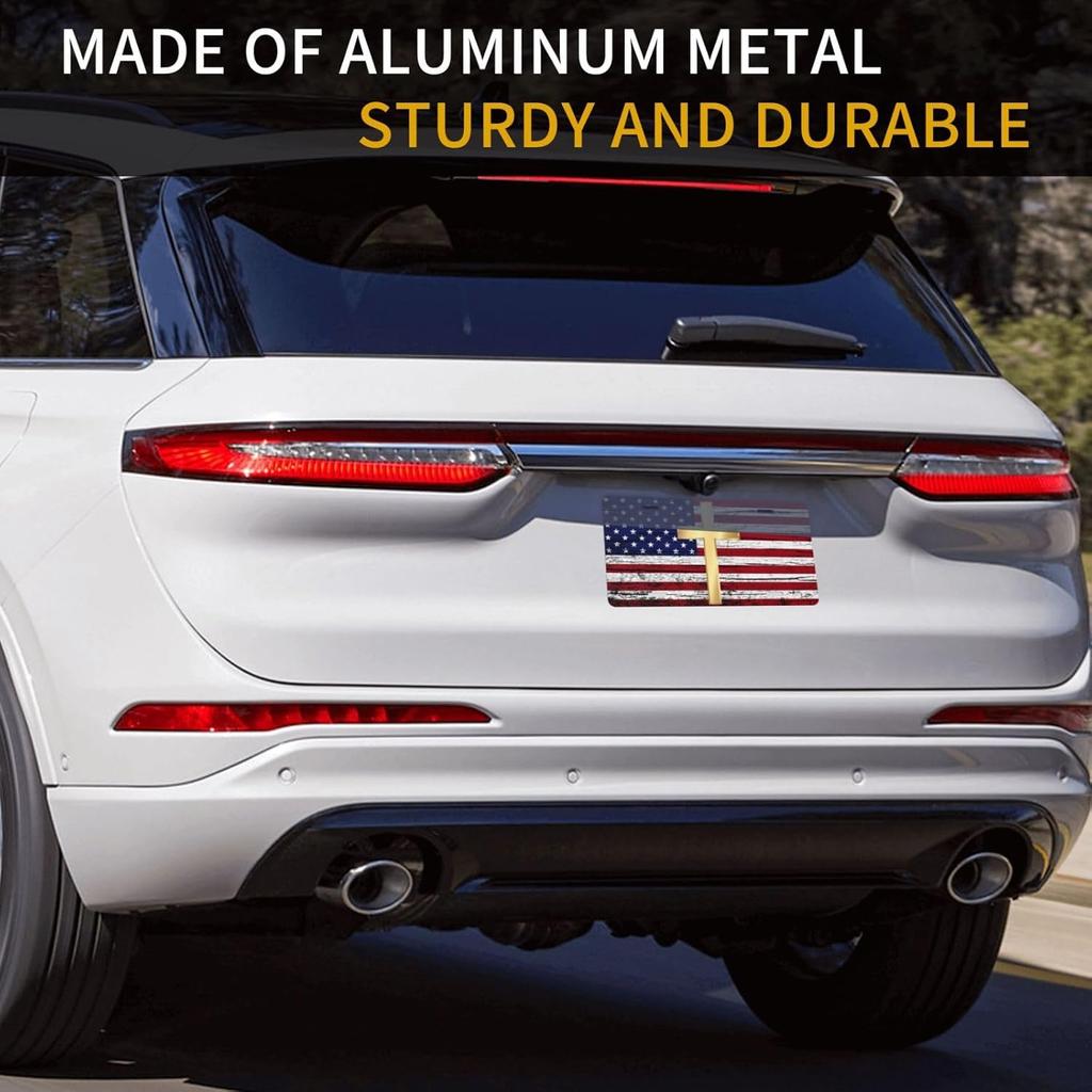 Vintage American Flag Golden Jesus Cross Aluminum License Plate 6 X 12 Inch Metal Car Front License Plate Cover Car Decor Accessory Novelty Vanity