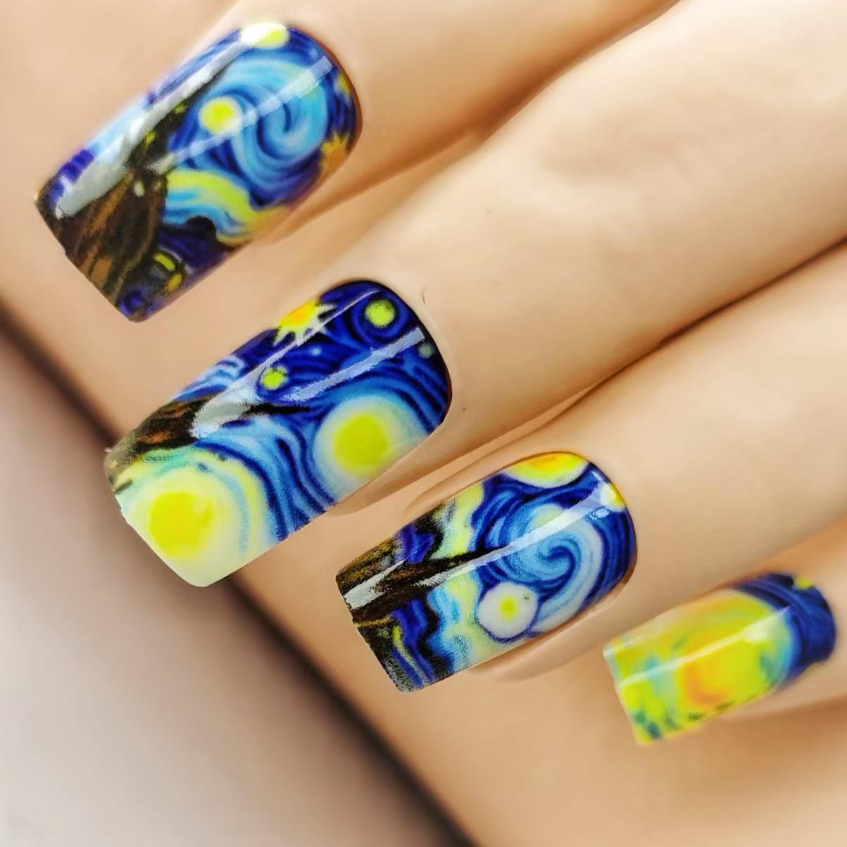 Серия «Дань Ван Гогу»: Синие абстрактные облачные ногти (24 Носибельных Типса Средней Длины) No Size