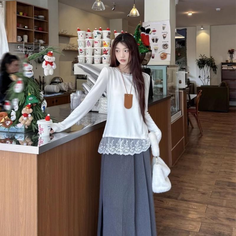 Koronkowe T-shirty Białe Proste T-shirty Damskie T-shirty Design Okrągły Dekolt Dziewczęce Słodkie T-shirty Moda Koronka Szerokie Topy