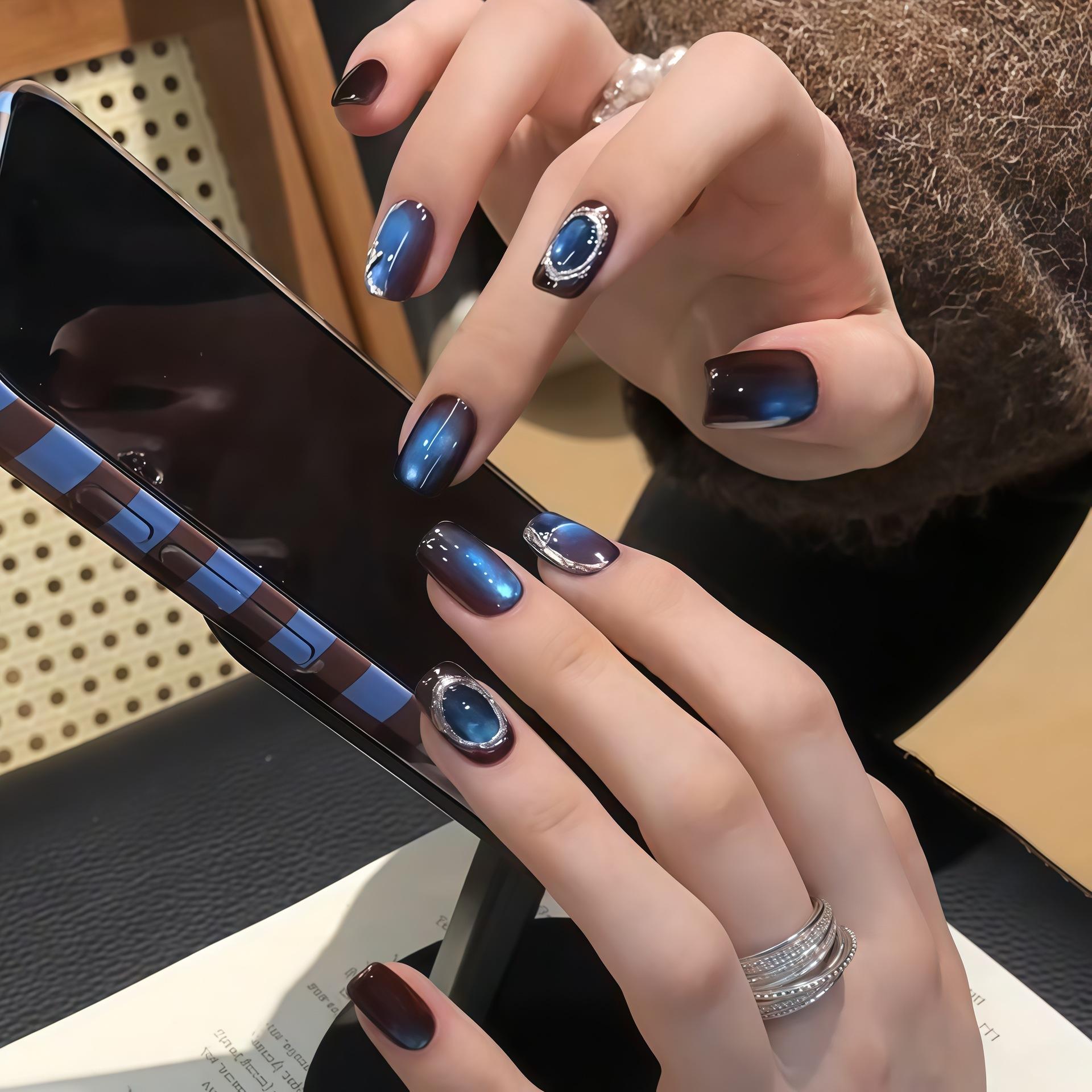 ins wind starry sky glass beads cat s eye pure handmade wear nail whitening advanced short nail patch fake nails XS