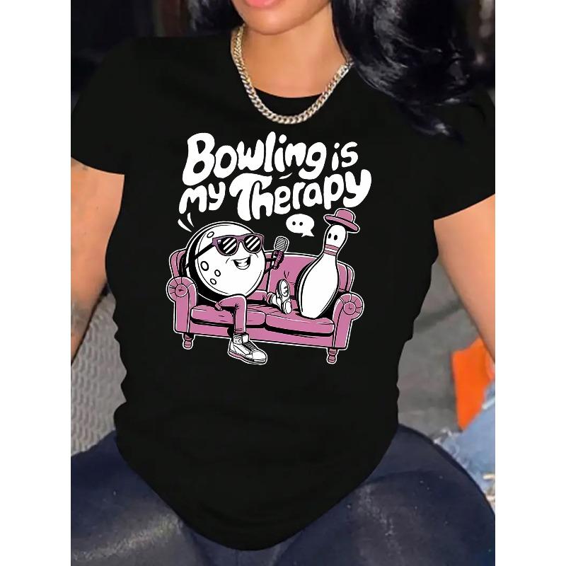 

Women S Casual Sports T-Shirt with a Round Neck, Short Sleeves, Featuring a Bowling-Themed Letter Print, Perfect for a Comfortable Summer Holiday Top 4XL чорний