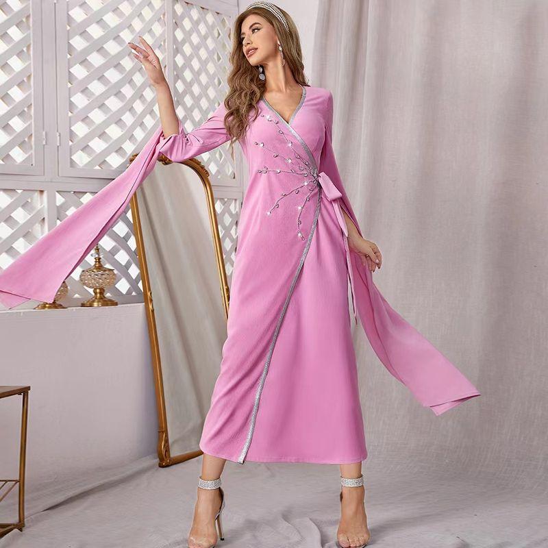Stylish Ethnic V-neck Hand Sewing Drill Wrap Dress Fashionable Diamond Wrap Dress