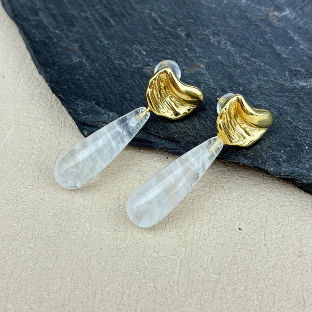 Natural Crystal Teardrop Drop Earrings Gold Plated Dangle Studs for Women Healing Stone Jewelry for Daily Wear