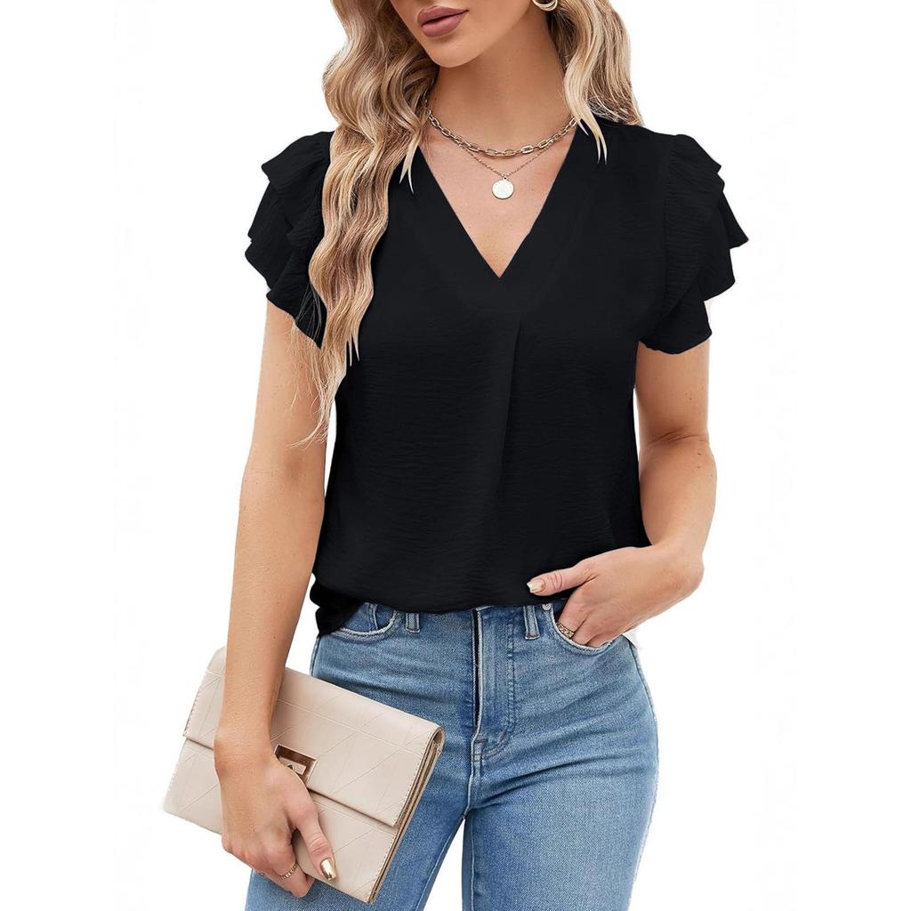 Women's Fashion Loose-Fit V-Neck Pullover T-Shirt Short Sleeve Top