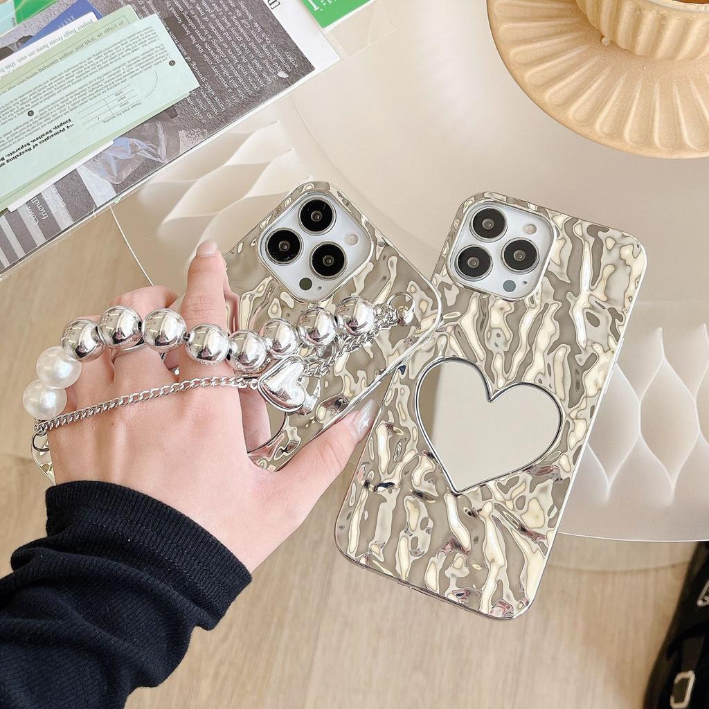 Niche INS Electroplated Heart Mirror Chain Compatible with iPhone 16 Apple 17 Pro Max Phone Case 15 for Women 14