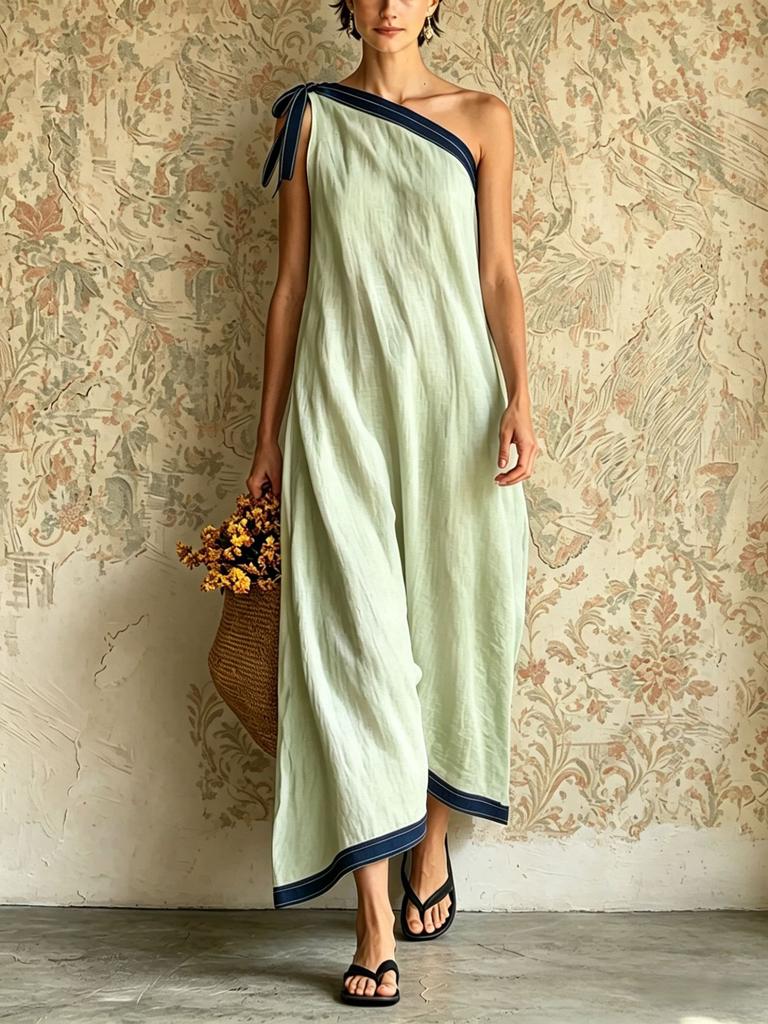 European and American new single shoulder straps linen long dress women's summer vacation style loose and thin dress