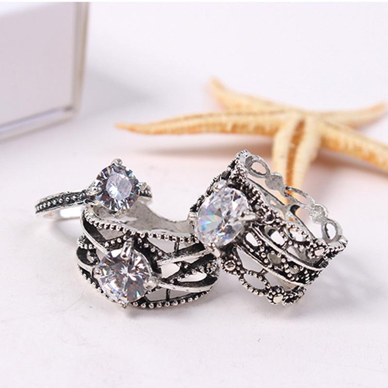 Decoration European and American Trendy Ring Set, Retro Hollow Diamond Ring Set of 3 Pieces