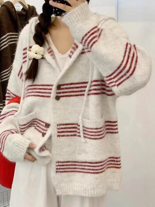Women's Color Block Striped Knit Cardigan - Korean Style Autumn/Winter Hooded Casual Wear