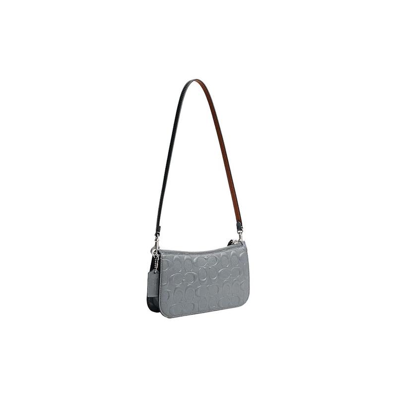 Coach Penn 21 Solid Color Embossed Letter Hardware Buckle Zipper Closure Cow Leather Armpit Bag Hand Shoulder Bag Small Size Women's Gray Blue