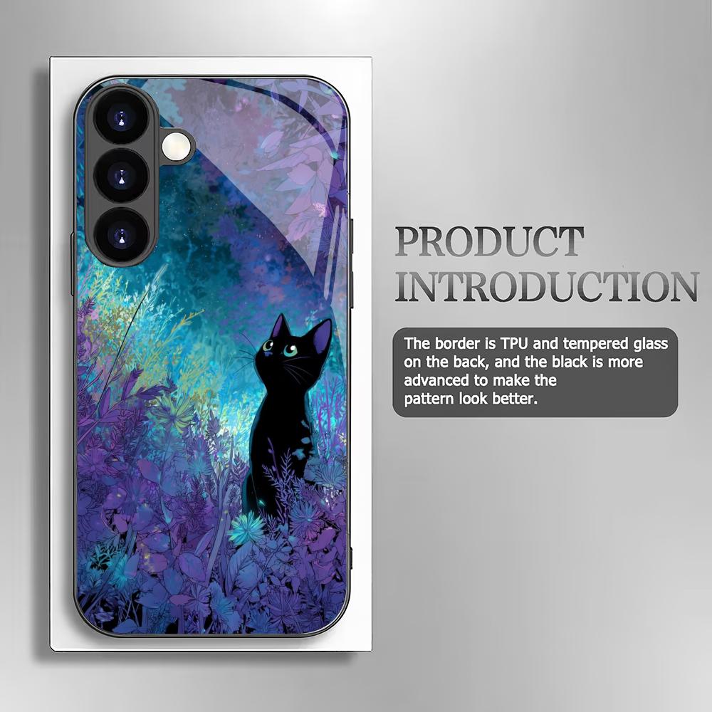 Cat Looking Up At the Starry Sky Glass Phone Case Suitable for Samsung Galaxy S26 S25 S24 S23 S22 S20 FE/Ultra/Plus Anti Fall