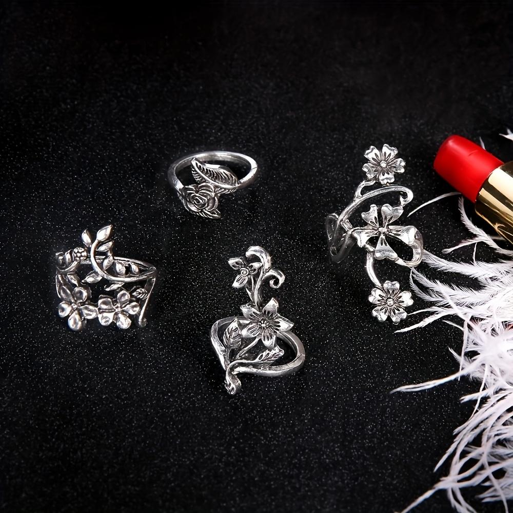4-Piece Set of 925 Silver Vintage Stackable Floral Rings - Simple and Elegant Design for Women - Suitable for Everyday and Gift Occasions