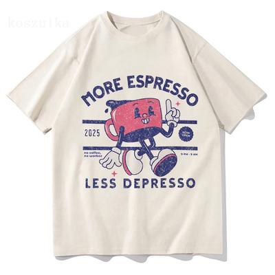Más Espresso Menos Depresso Camiseta Hombre Mujer Harajuku Vintage Camiseta Gráfica Unisex Verano Tendencia Tops Retro Algodón Camisetas