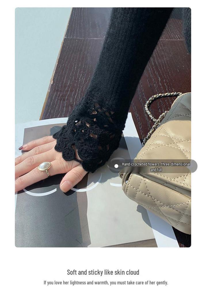 Women's Black V-Neck Pure Wool Base Layer Top - Hollow Out Long Sleeve, Spring/Summer Knitwear, Stylish High-End Feel Sweater.