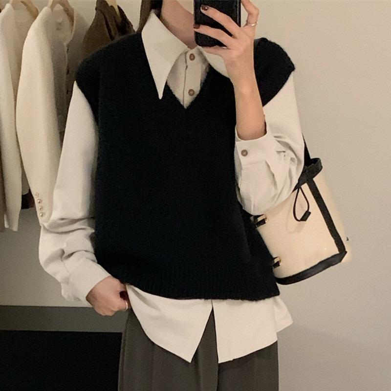Fashion Sleeveless Pullover Knitted Women Sweaters Vest New Autumn Winter V Neck Casual Loose Elegant Knitwear Bottoming Tops