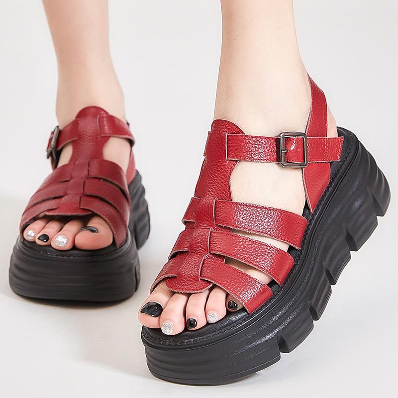 Fashion GKTINOO 6cm New Women Sandals Buckle Slides Cow Genuine Leather Summer Fashion Platform Wedge Luxury Females Comfy Ladies Shoes